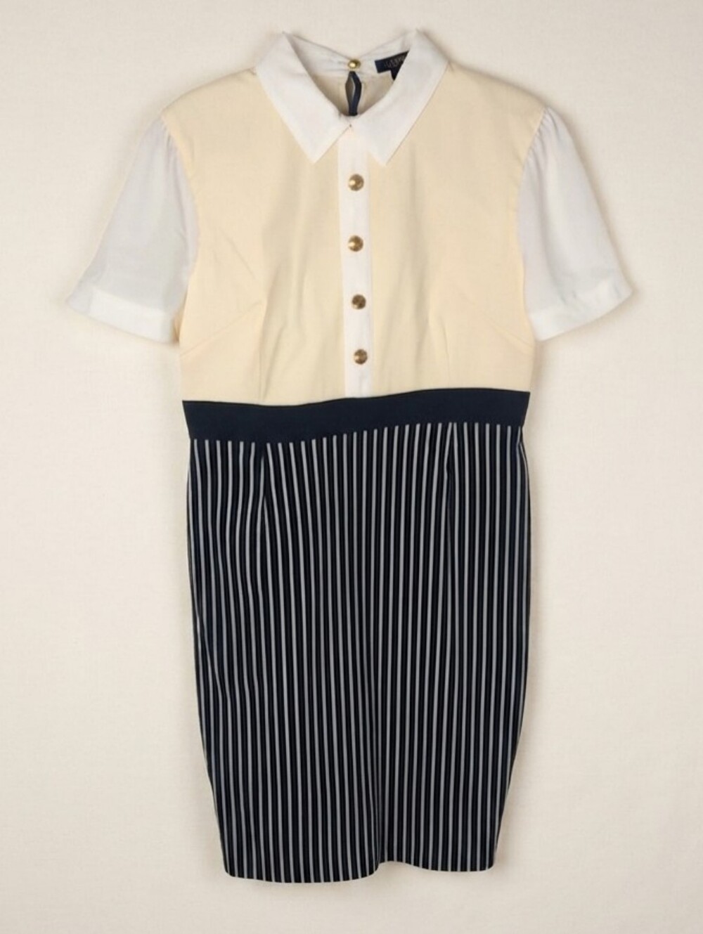 Vintage Vesper Two-Tone Collared Midi Dress in Cream, White & Black